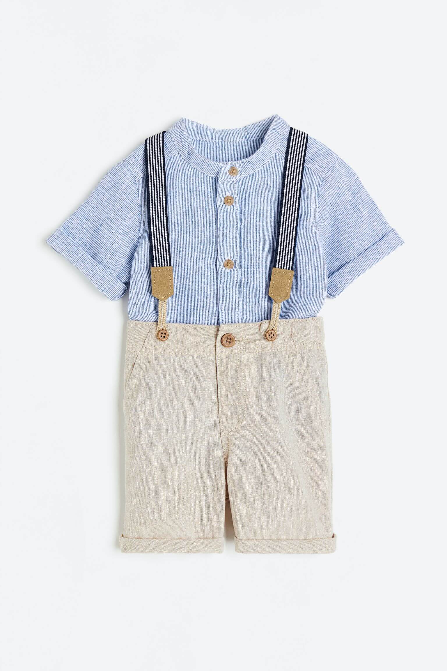 Комплект детской одежды рубашка и шорты H&M With Suspenders, 2 предмета, голубой/светло-бежевый
