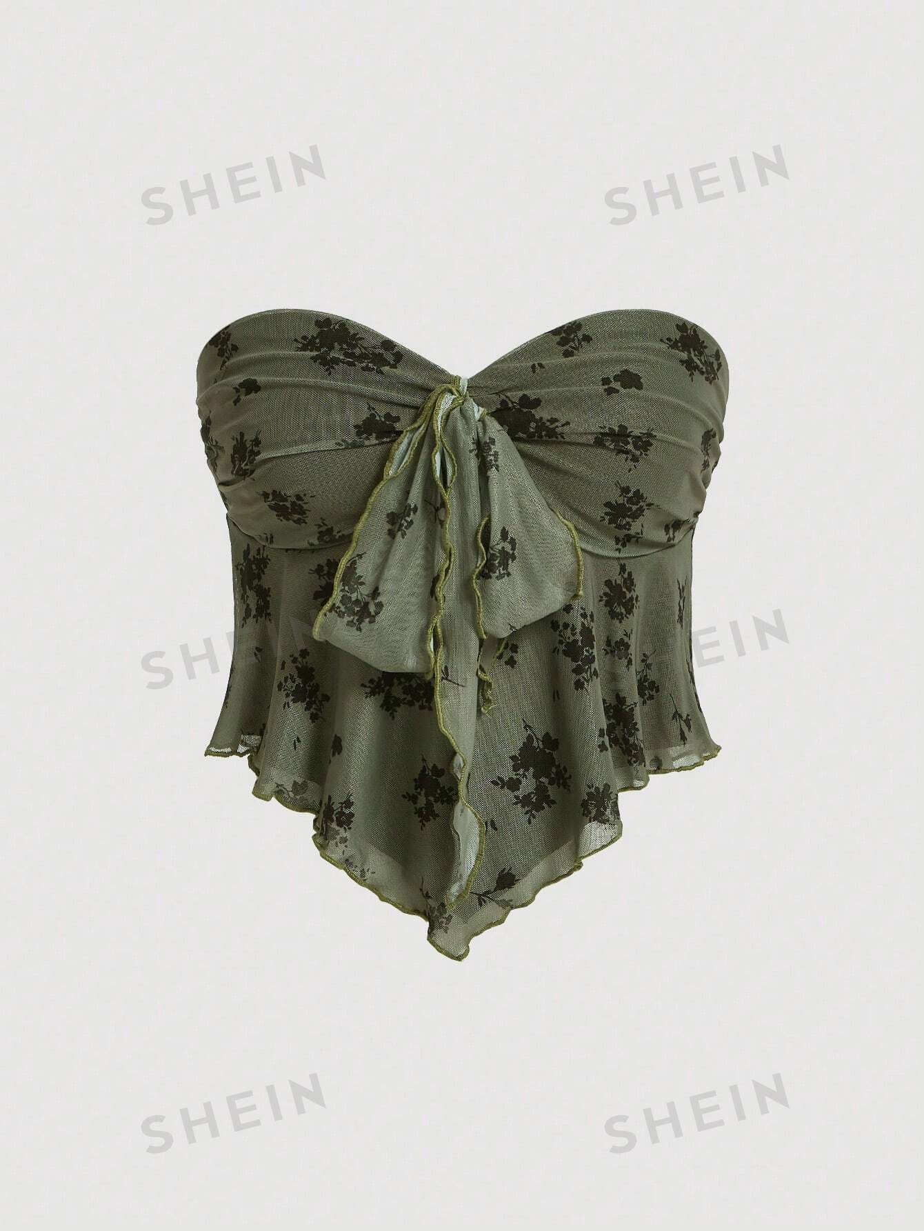 SHEIN MOD Женский топ без бретелек с мелким цветочным принтом, армейский зеленый цена и фото