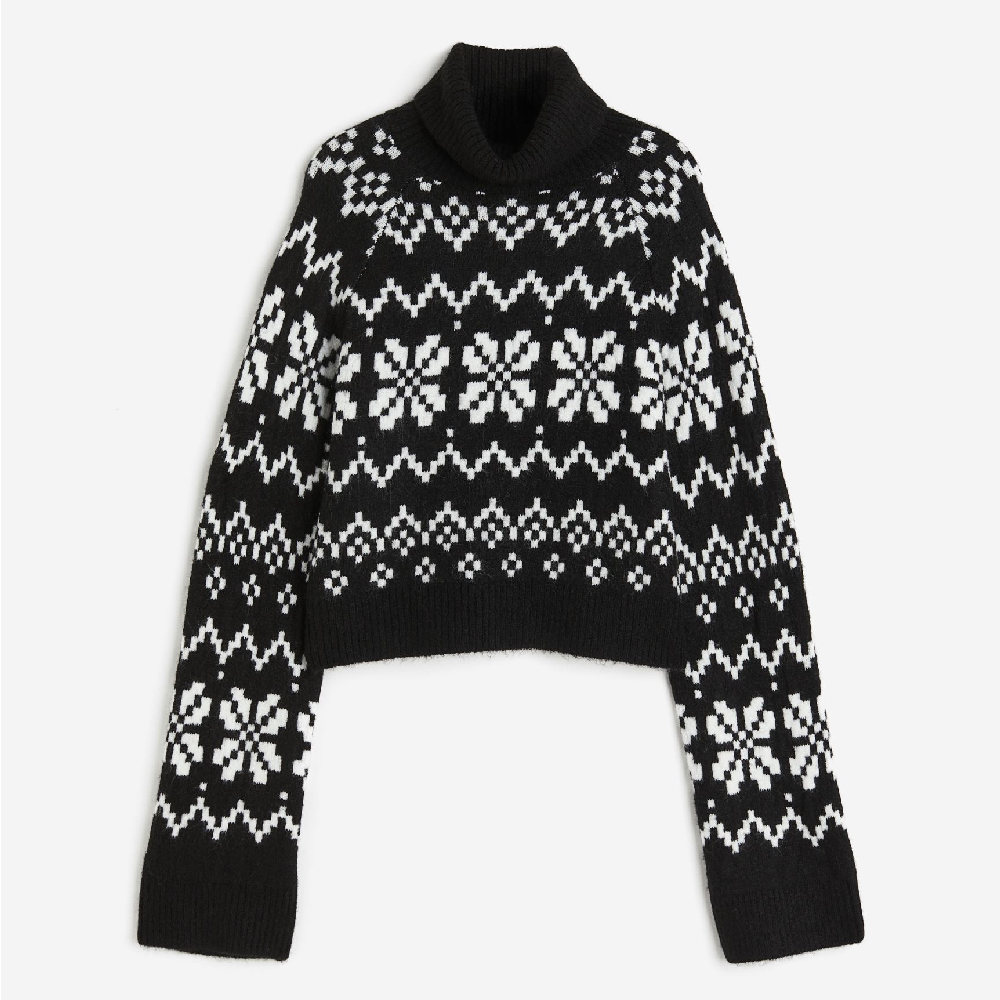 Свитер H&M Jacquard-knit Turtleneck, черный/белый