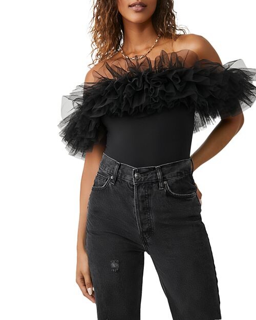 

Тюлевое боди Big Love с открытыми плечами Free People, цвет Black