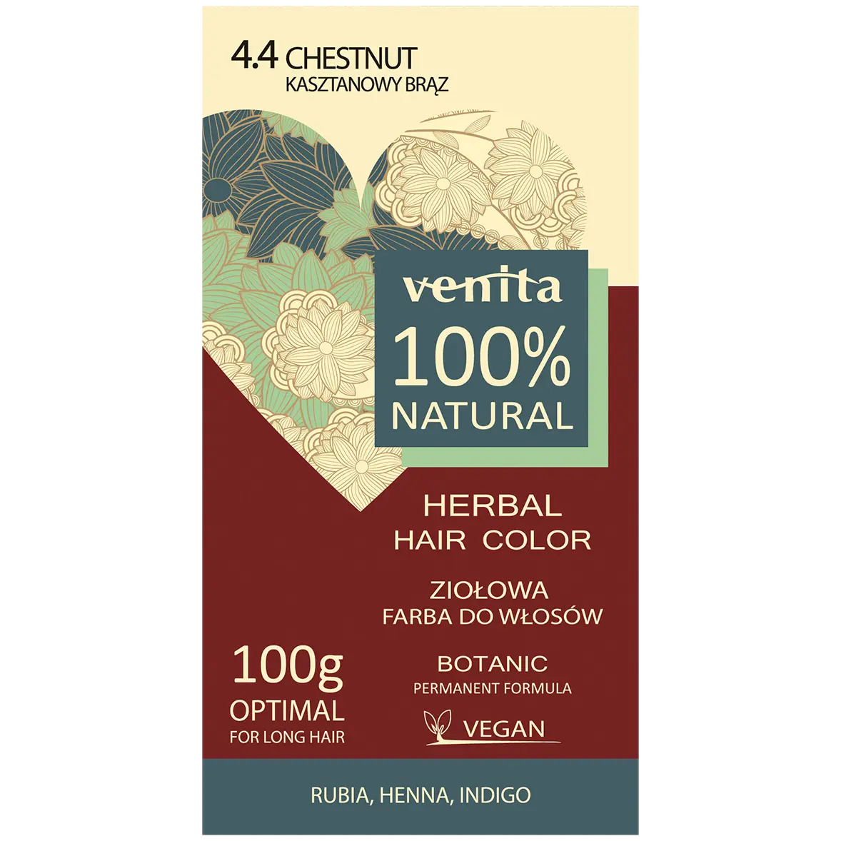 

Venita 100% Natural краска для волос травяная 4.4 каштановый коричневый, 100 г