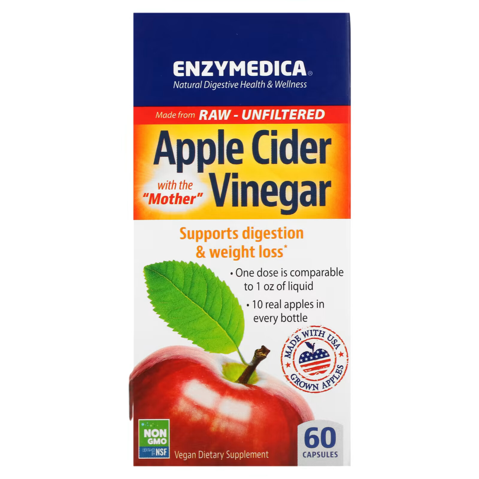 Enzymedica, яблочный уксус, 60 капсул яблочный уксус dietworks cider trim 120 капсул