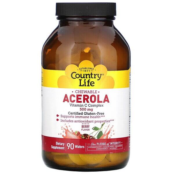 Ацерола в жевательной форме, комплекс витамина C, со вкусом ягод, Country Life, 500 мг, 90 жевательных таблеток цена и фото
