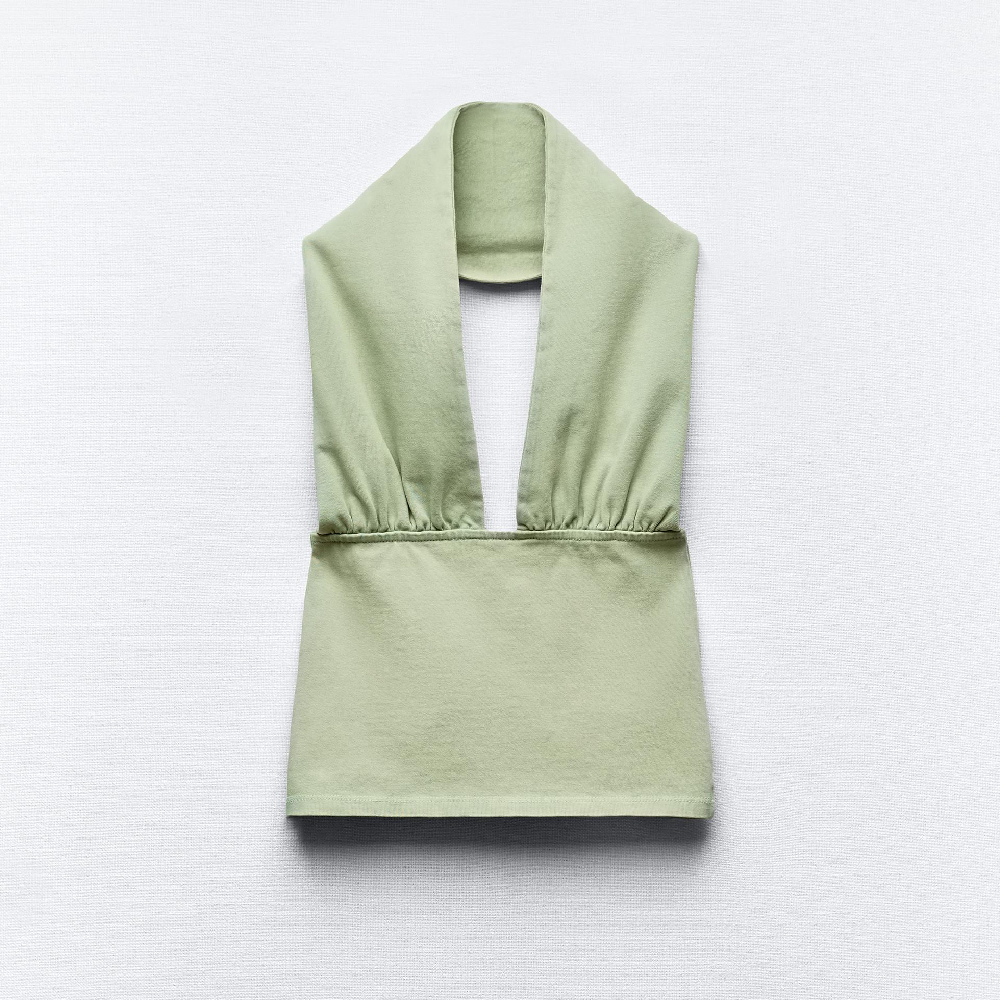 Топ Zara Faded-effect Pantone Halter Crop, зеленый топ zara creased effect crop экрю