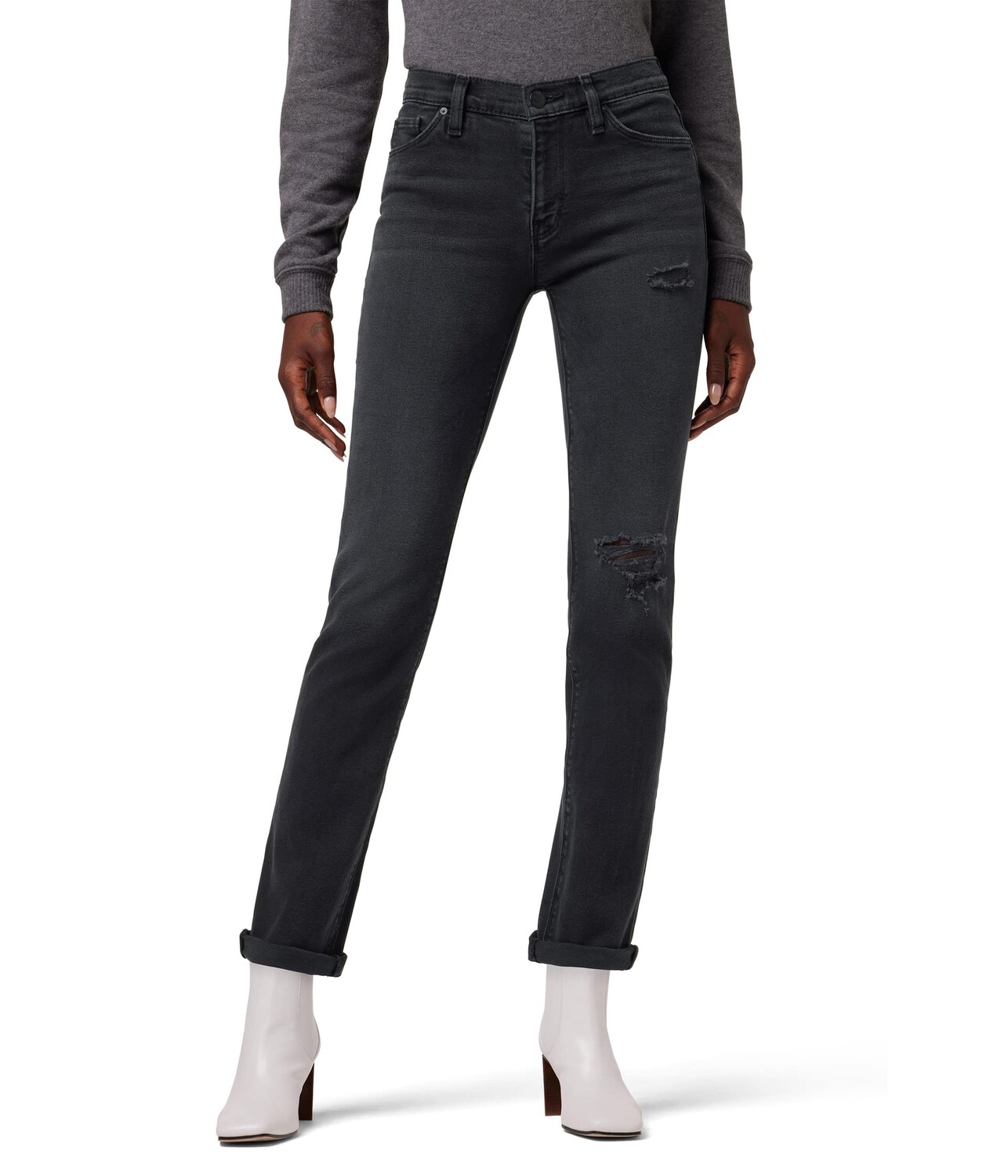 

Джинсы Hudson Jeans, Nico Mid-Rise Straight Ankle w/ Roll in Black Ash Destruct