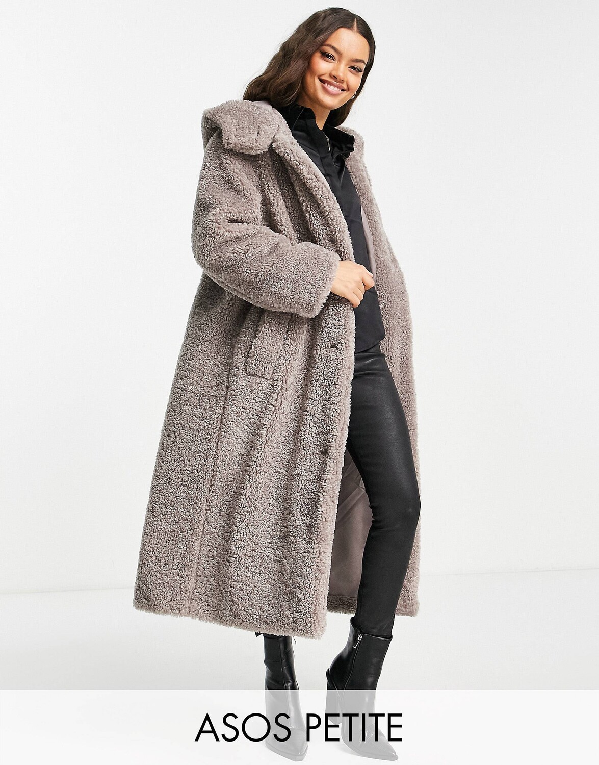 

Серое пальто свободного кроя с капюшоном ASOS DESIGN Petite