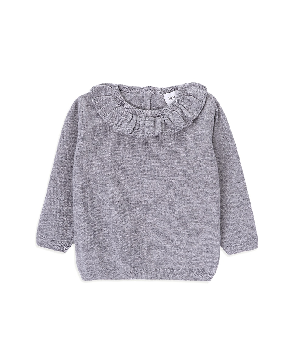 Вязаный свитер для девочки с рюшами на горловине KNOT, серый свитер размер 24