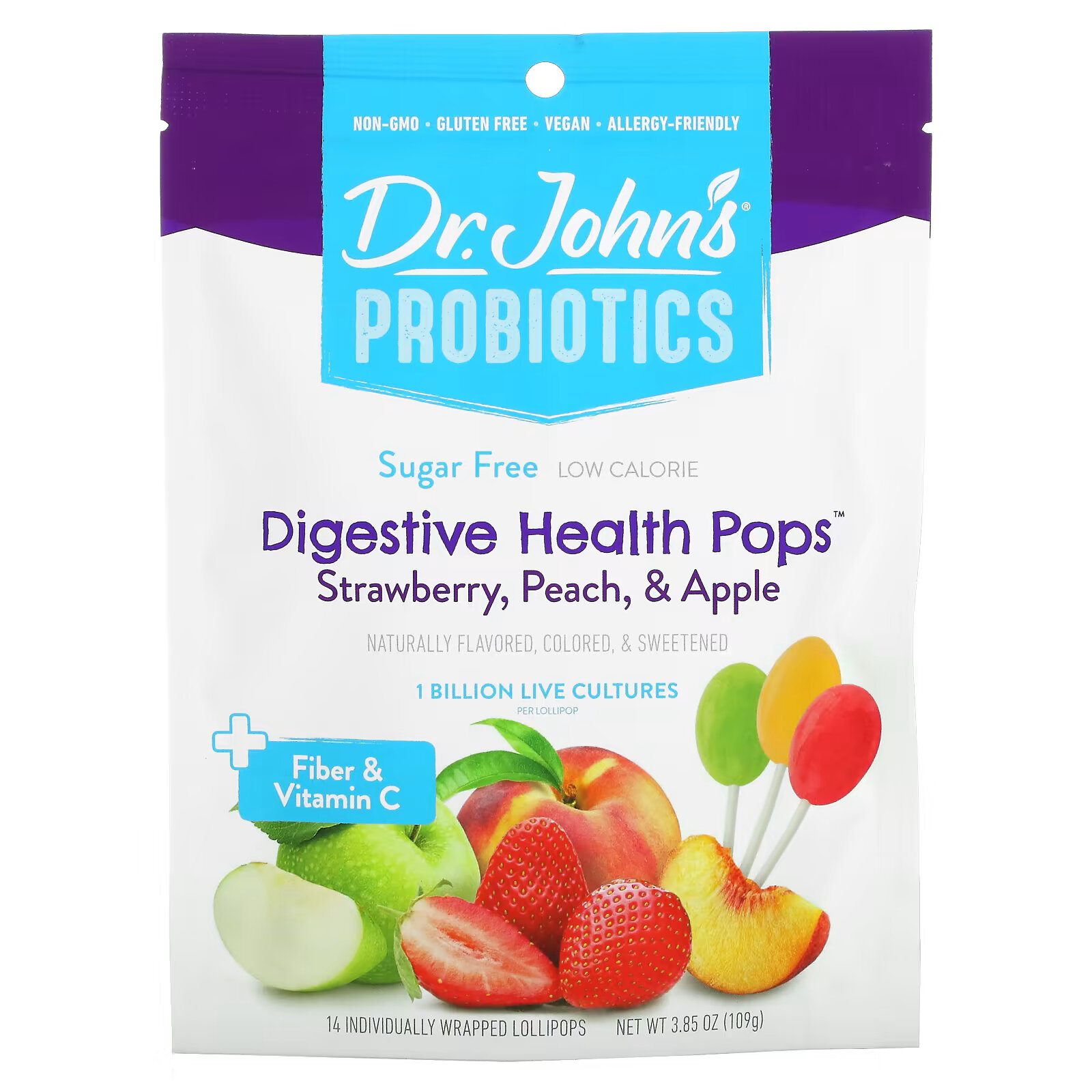 Dr. John's Healthy Sweets, Пробиотики, леденцы для здоровья пищеварительной системы, с клетчаткой и витамином C, клубника, персик и яблоко, без сахара, 1 миллиард, 14 леденцов на палочке в индивидуальной упаковке, 109 г (3,85 унции) набор резинок в упаковке в виде леденца будь ярче всех 16 шт диам 4 см 7551302