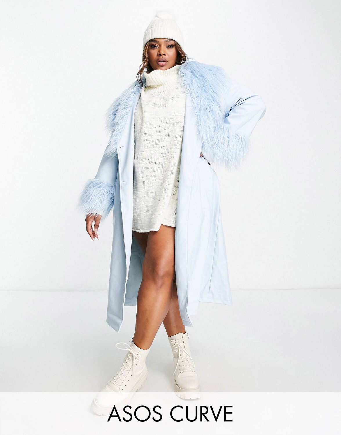 

Синее пальто из искусственной кожи с поясом и отделкой борг ASOS DESIGN Curve, Синий