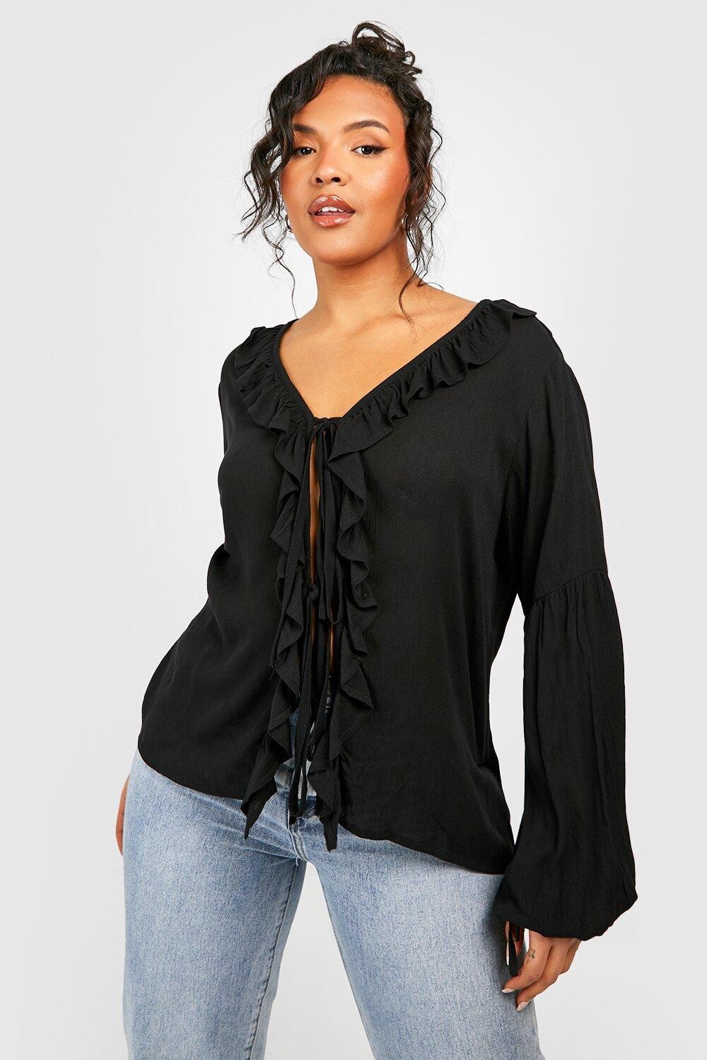 

Топ из хлопкового поплина с рюшами Boohoo, черный