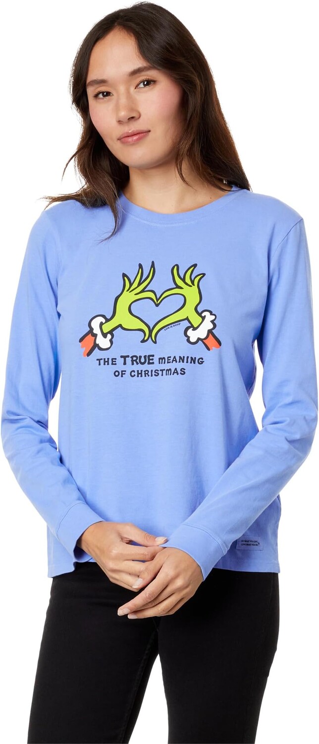 

Винтажная футболка Crusher с длинными рукавами и надписью True Meaning Heart Hands Life is Good, цвет Cornflower Blue