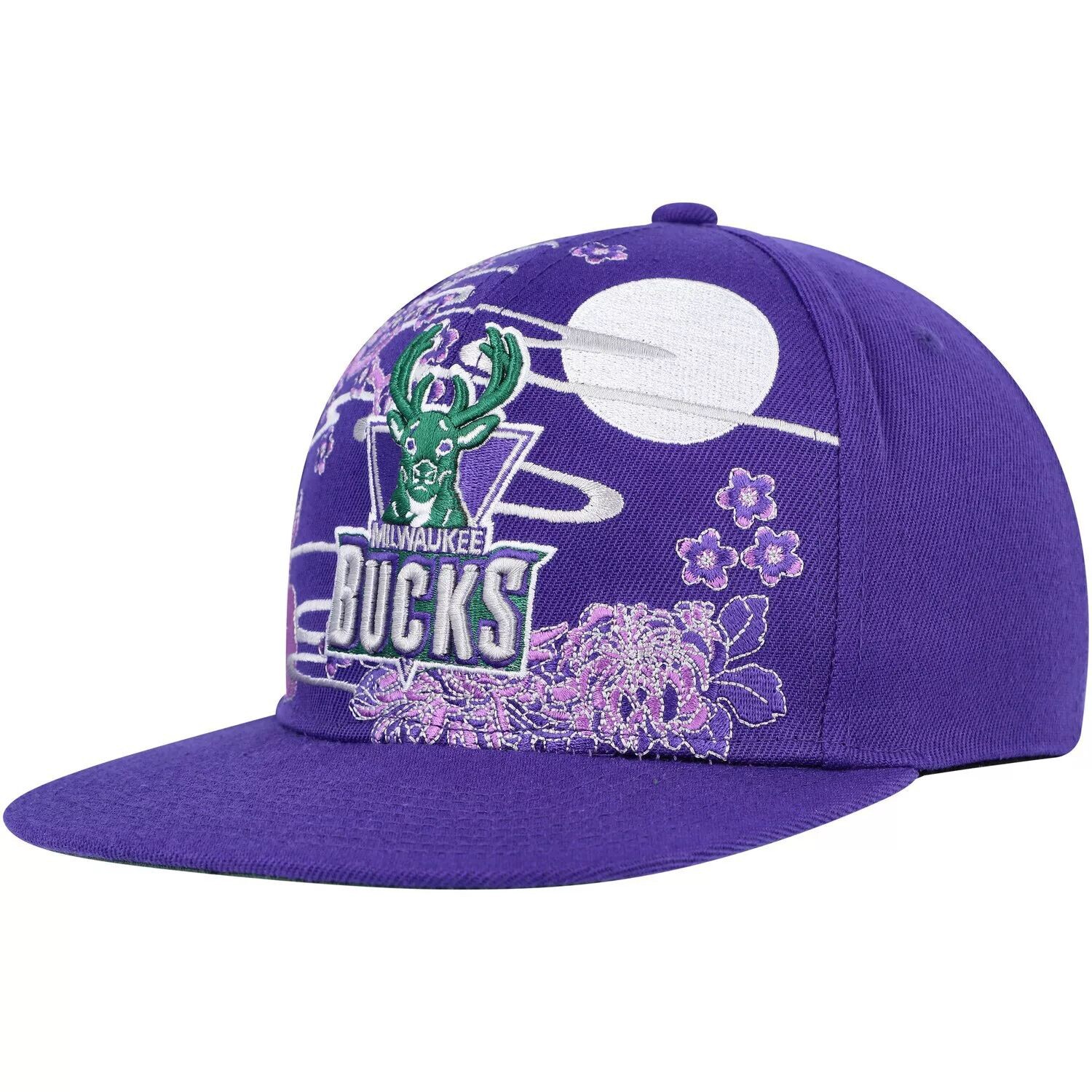 

Мужская фиолетовая кепка Mitchell & Ness Milwaukee Bucks из лиственных пород классического азиатского наследия с живописным стилем Snapback