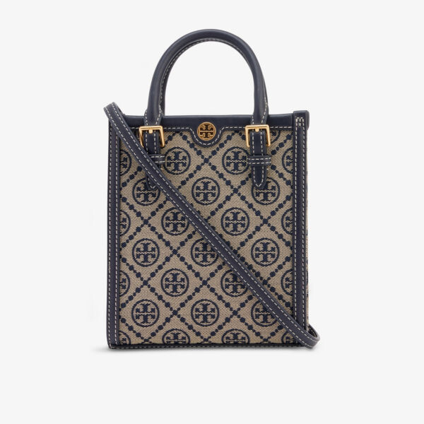 

Миниатюрная жаккардовая сумка-тоут T Monogram из смесового хлопка Tory Burch, темно-синий