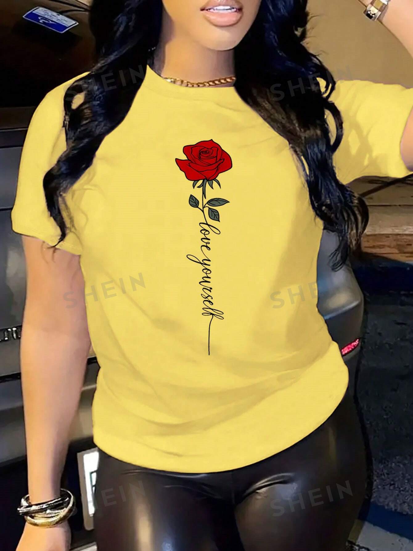 SHEIN Slayr Футболка с короткими рукавами и принтом цветов и букв, желтый блузка с круглым вырезом цветочным принтом короткими рукавами 48 fr 54 rus разноцветный