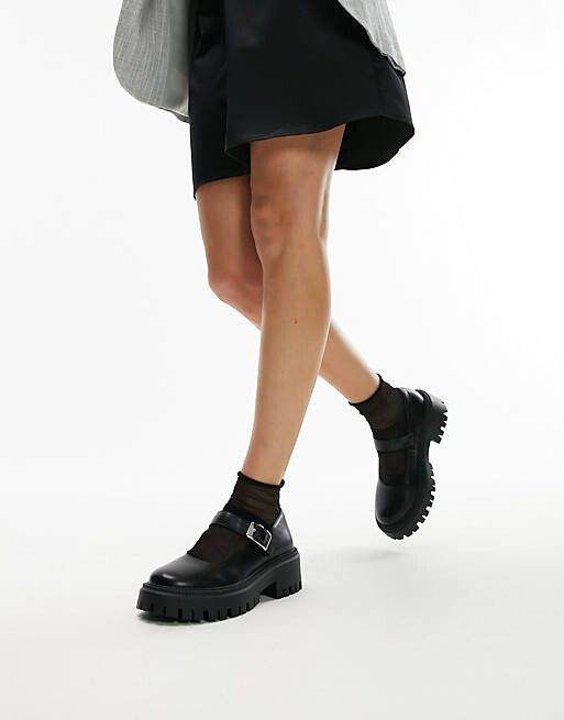

Черные массивные туфли на плоской подошве с пряжкой Topshop Wide Fit Amy