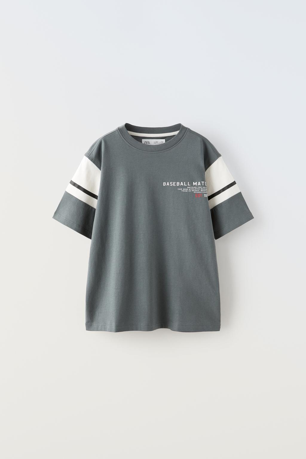 Контрастная бейсбольная футболка ZARA, антрацитовый серый