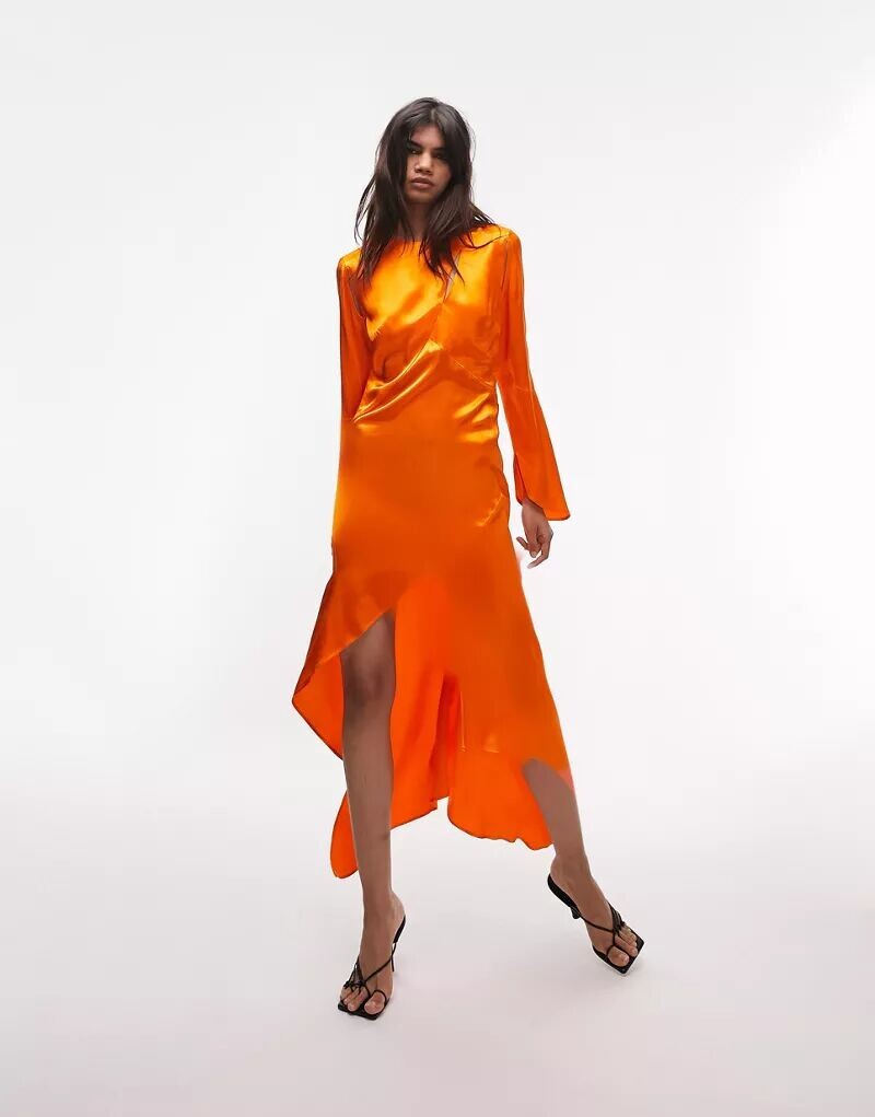 

Оранжевое атласное платье миди с асимметричным разрезом Topshop