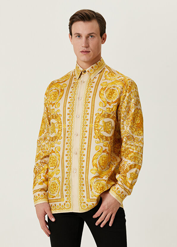 

Желтая шелковая рубашка с узором в стиле барокко Versace