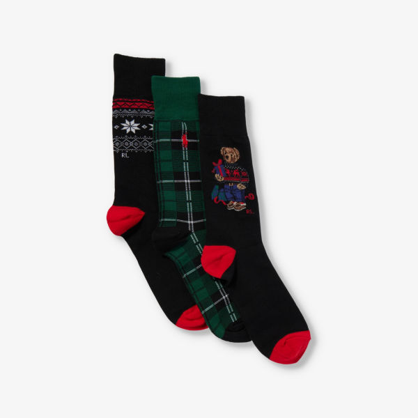 цена Трикотажные носки из смесового хлопка с вышитым логотипом, комплект из трех штук Polo Ralph Lauren, цвет hol bear/tartan/fairisle