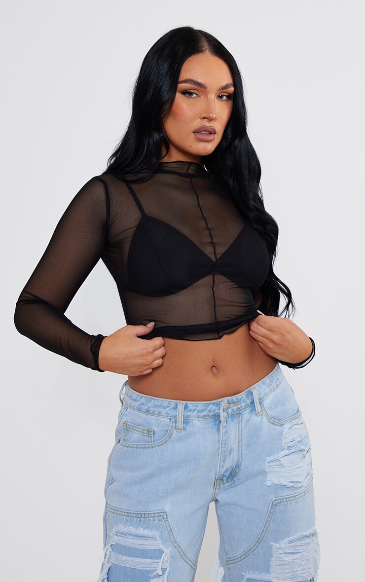 

PrettyLittleThing Черный сетчатый топ с высоким воротником и длинными рукавами