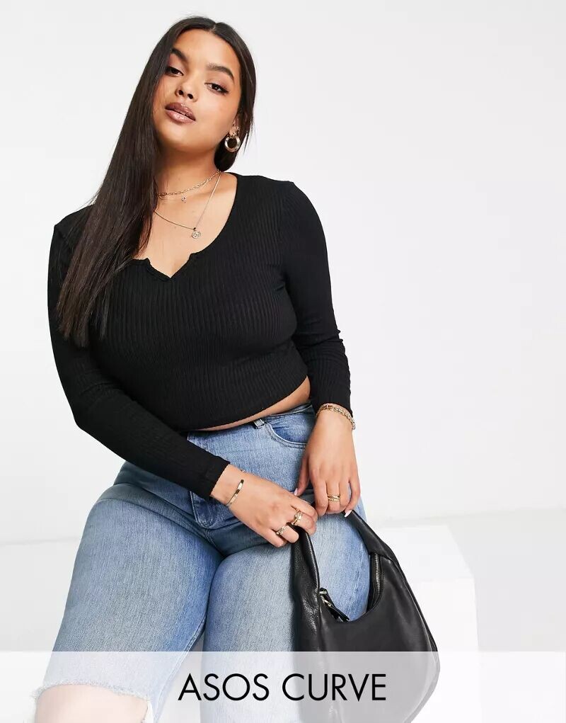 

Черный мергельный топ в рубчик с длинными рукавами и вырезом ASOS DESIGN Curve