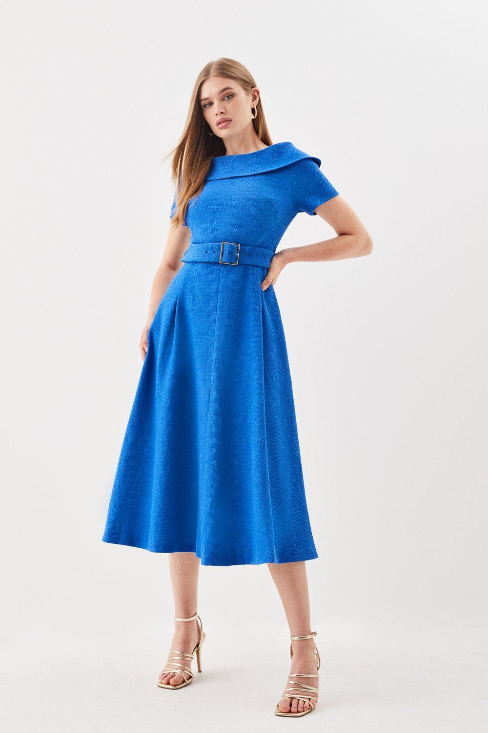Твидовое платье миди с высоким воротником и поясом и пышной юбкой Karen Millen, синий