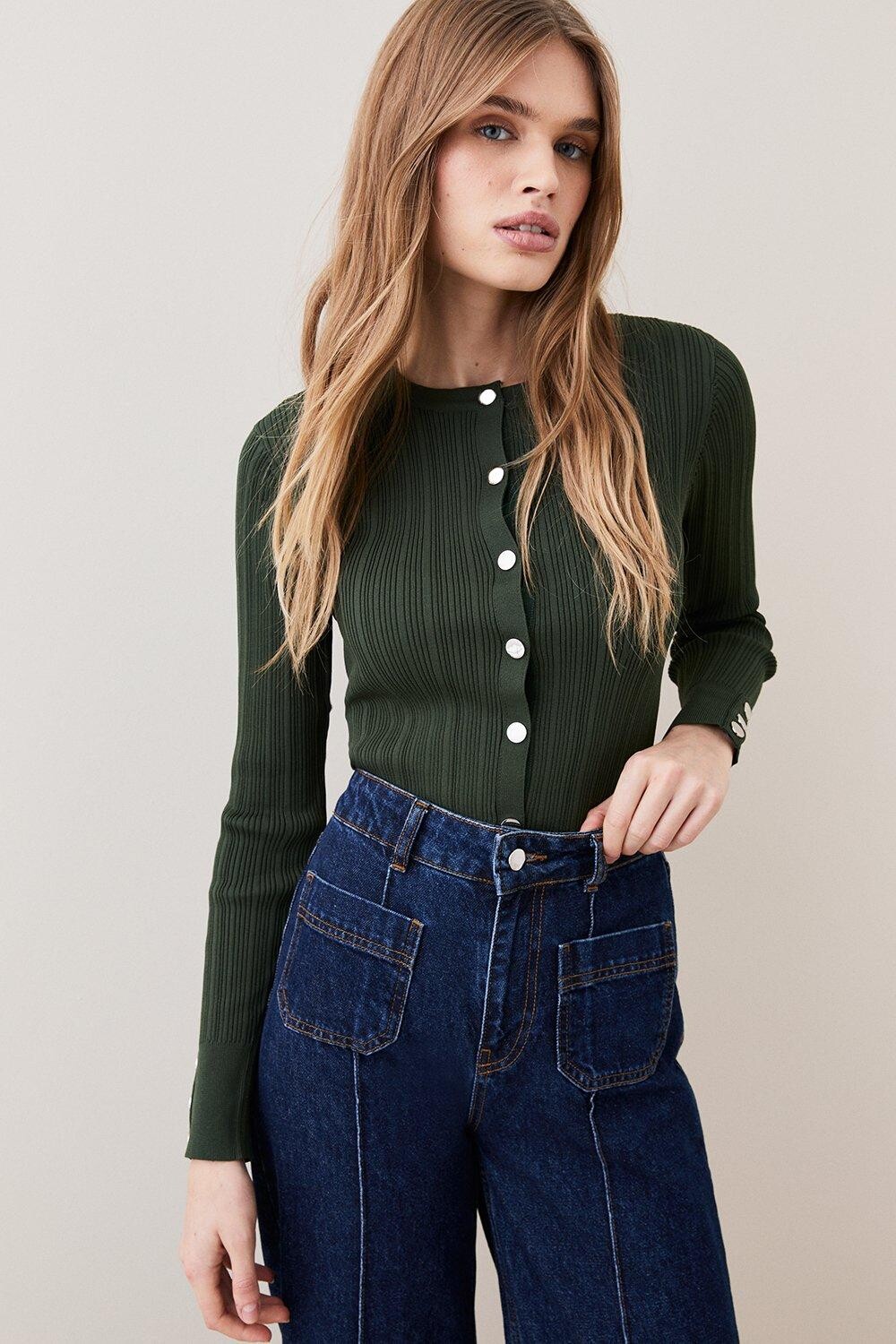 

Вязаный кардиган в рубчик из смеси вискозы Karen Millen, зеленый