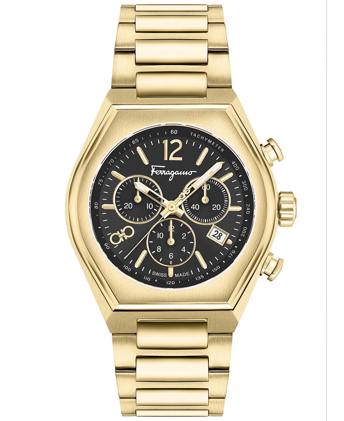 мужские швейцарские классические двухцветные часы браслет из нержавеющей стали 42 мм salvatore ferragamo Мужские швейцарские часы-хронограф Tonneau с позолоченным браслетом из нержавеющей стали, 42 мм Salvatore Ferragamo