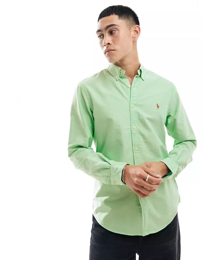 цена Светло-зеленая оксфордская рубашка узкого кроя с логотипом Polo Ralph Lauren