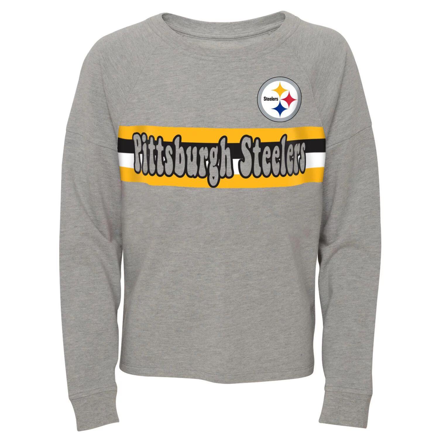 Серая футболка с длинными рукавами и полосками реглан для юниоров Pittsburgh Steelers Outerstuff