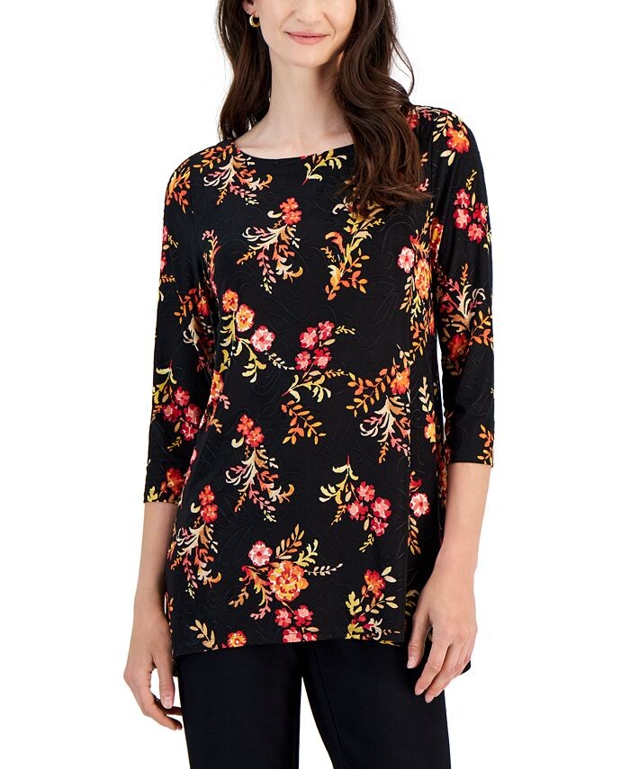 

Жаккардовый топ Petite с струящейся листвой JM Collection, черный