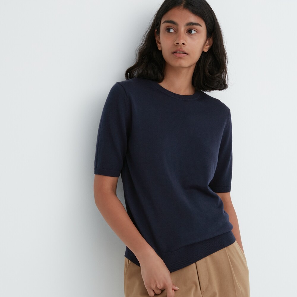 

Свитер Uniqlo камвольный из мериносовой шерсти с круглым вырезом, темно-синий