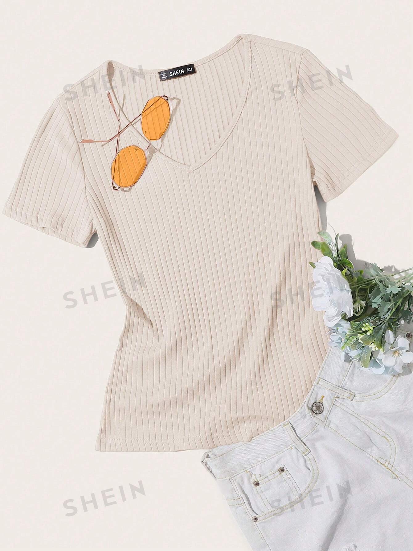 цена SHEIN Essnce однотонная повседневная трикотажная футболка в рубчик с короткими рукавами, абрикос