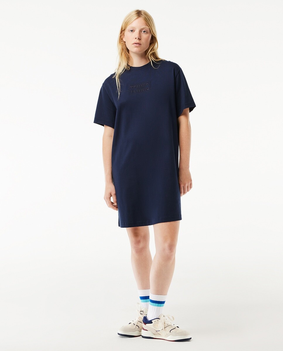

Платье-рубашка оверсайз из хлопка с вышивкой Lacoste, темно-синий