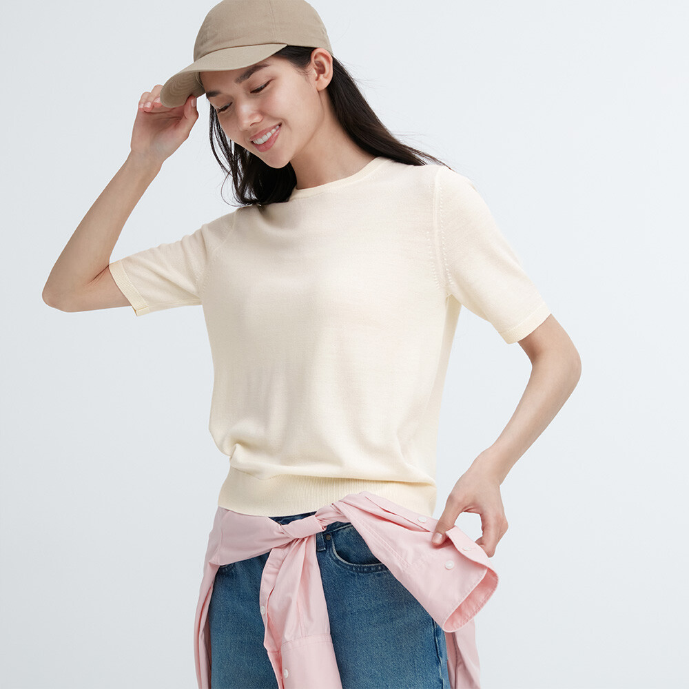 

Свитер Uniqlo камвольный из мериносовой шерсти с круглым вырезом, светло-бежевый