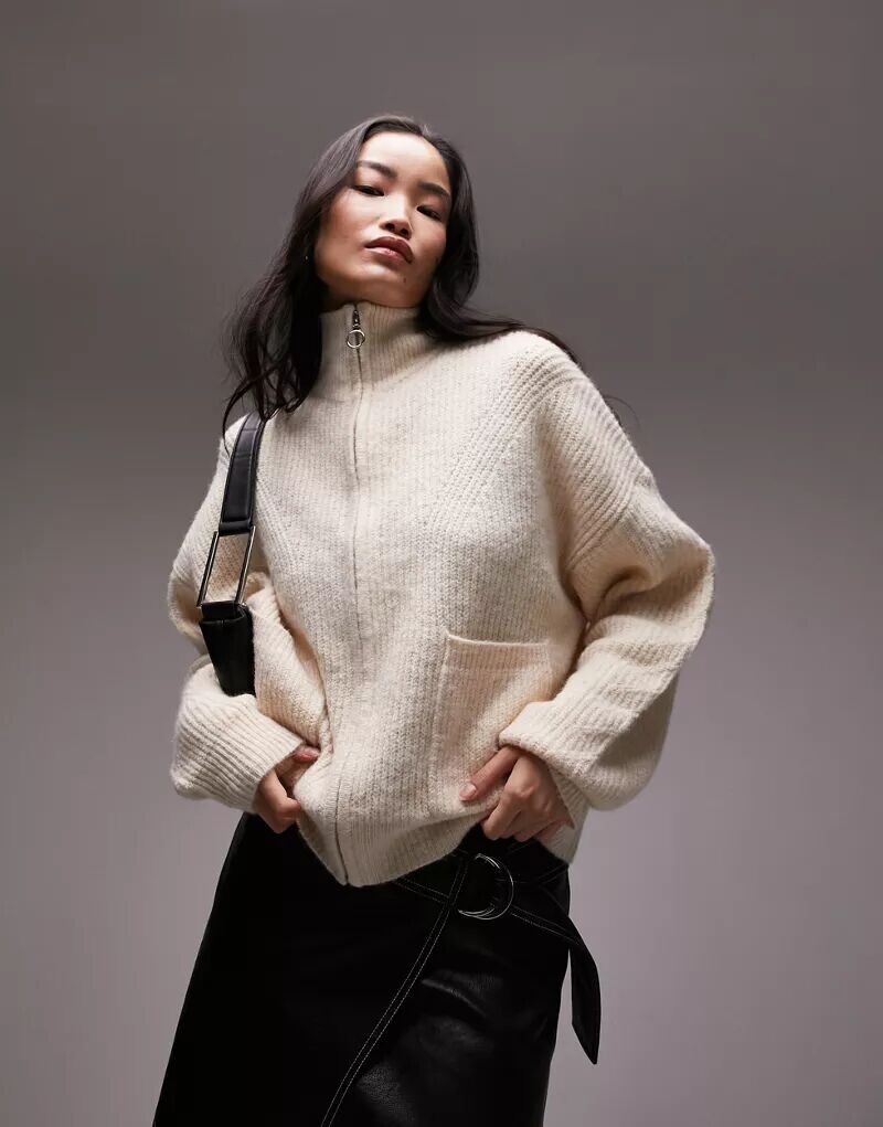 

Пышный кардиган цвета слоновой кости с молнией и карманами Topshop