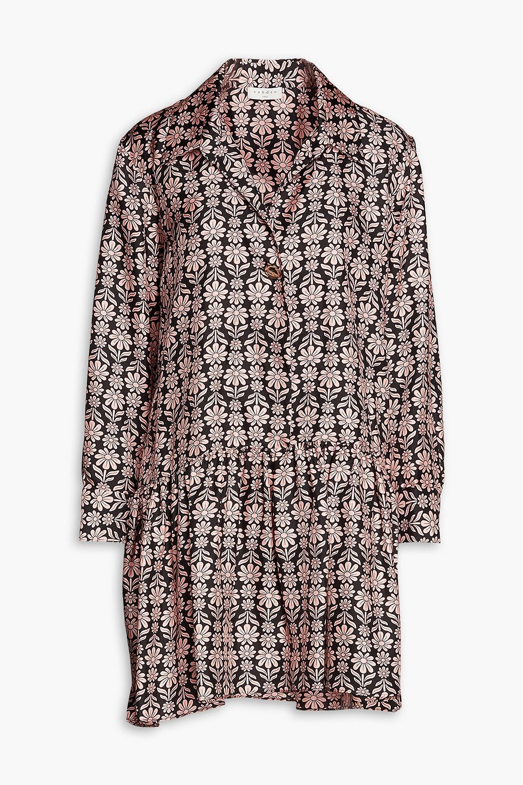 Платье-рубашка мини из шелкового твила с цветочным принтом SANDRO, черный цена и фото