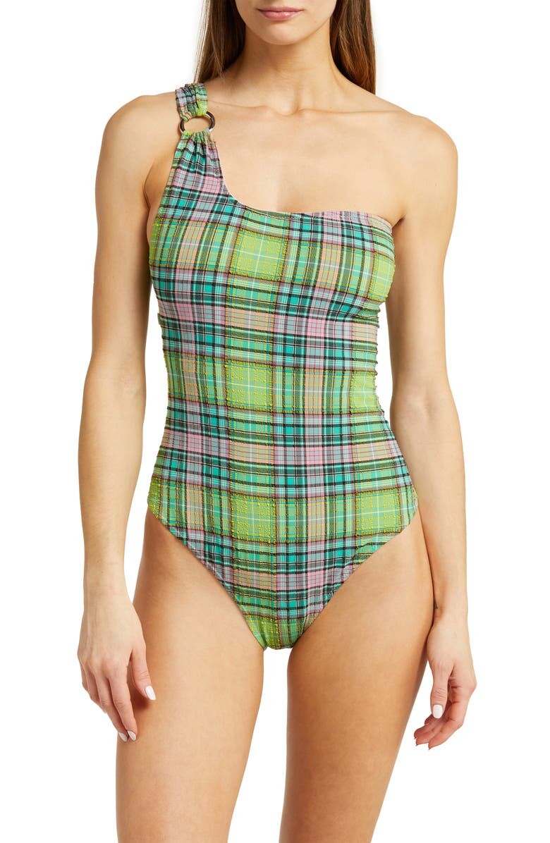 

Цельный купальник в клетку из сирсакера с одним плечом GANNI, Коричневый