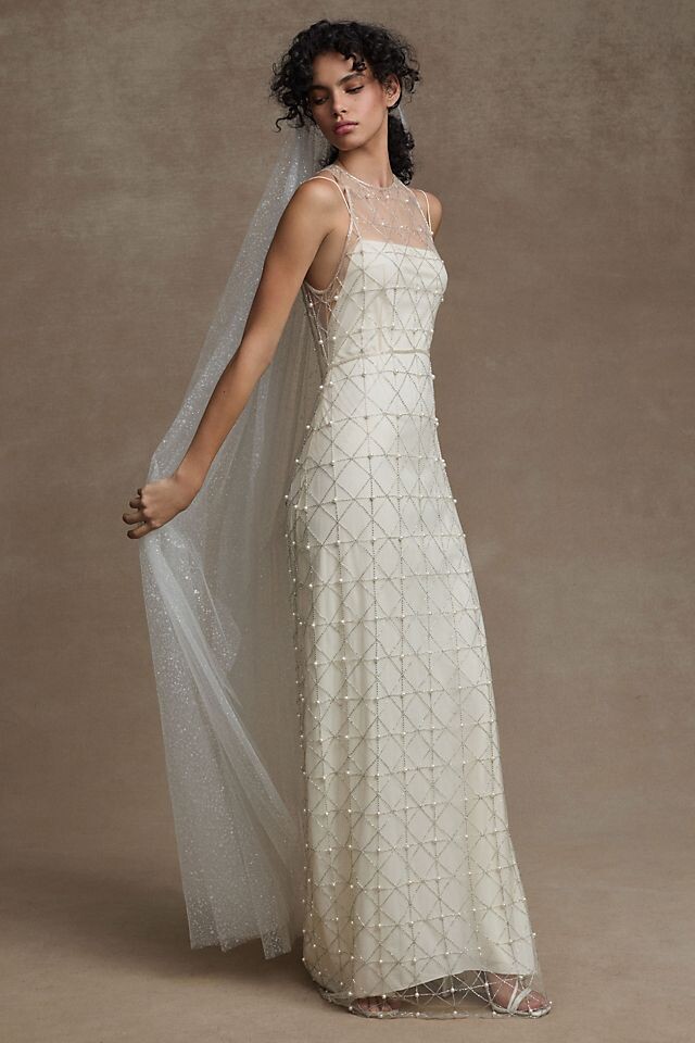 

BHLDN Clemence Свадебное платье из сетки и бисера, слоновая кость