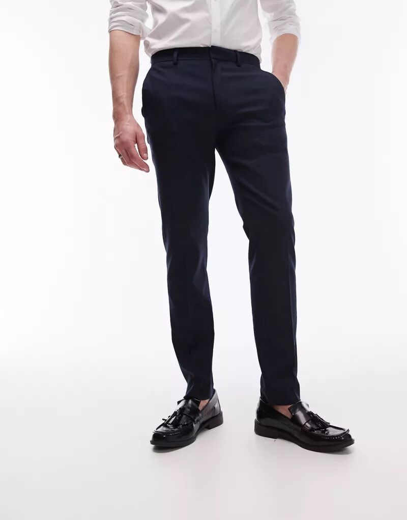 Темно-синие узкие фактурные костюмные брюки Topman