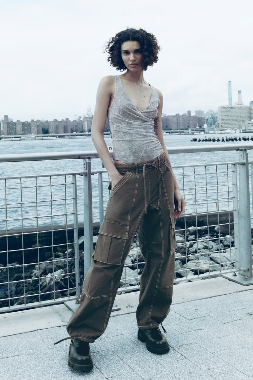 

Боди с принтом тюля ZARA, серый