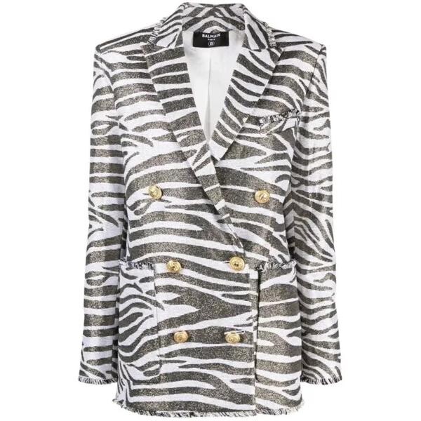 

Пальто zebra-print double-breasted coat Balmain, белый