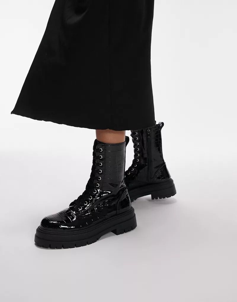 Черные лакированные ботинки на шнуровке Topshop Karter ботинки женские лакированные черные