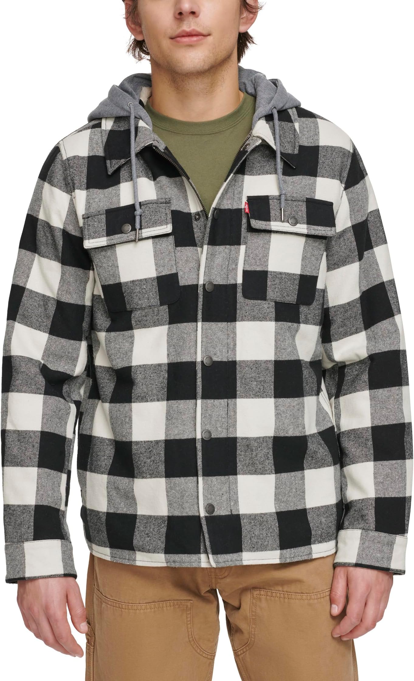 Куртка Washed Cotton Shirt Jacket with A Jersey Hood and Sherpa Lining Levi's, цвет Black/White Buffalo Plaid (WPB)