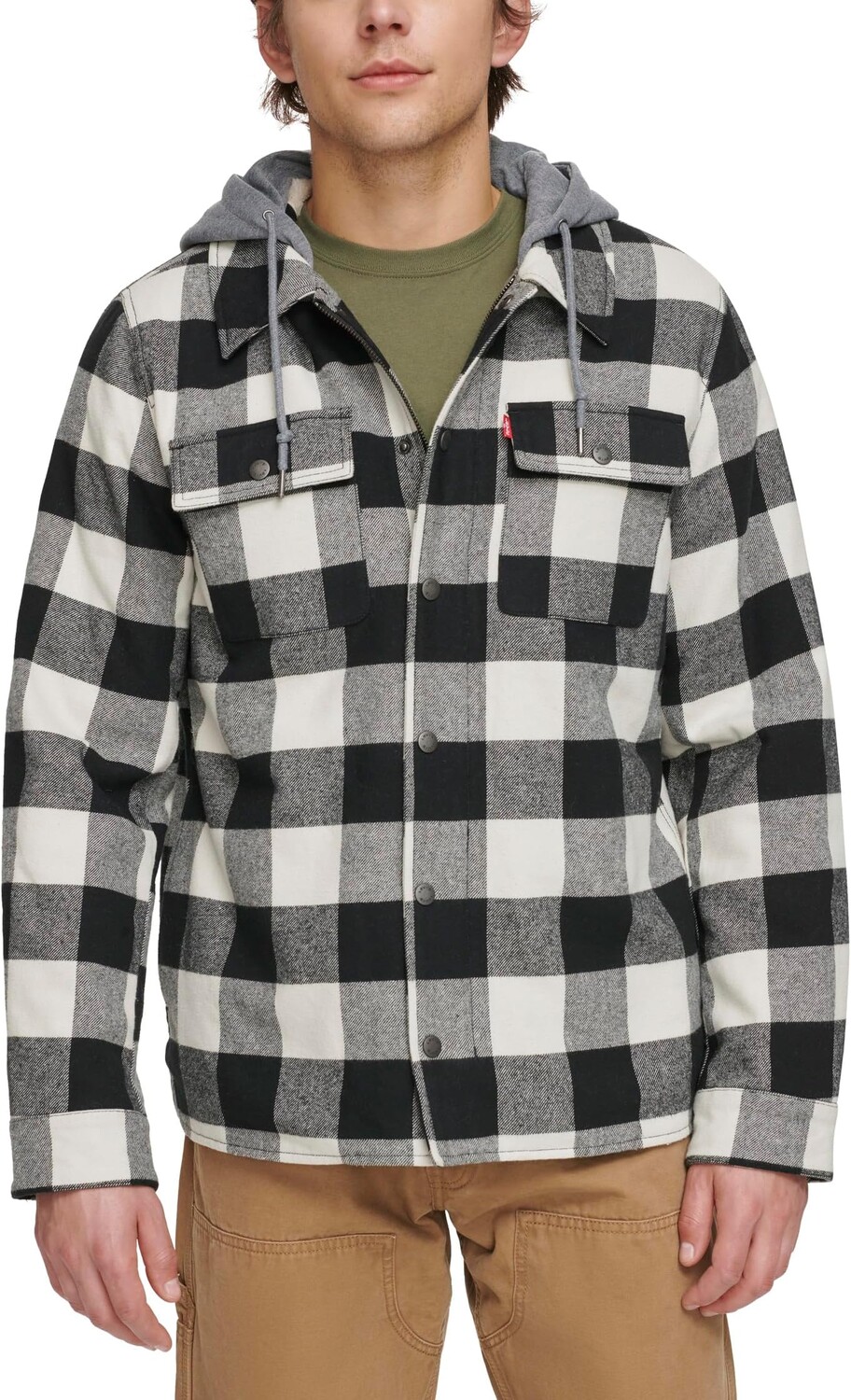

Куртка Washed Cotton Shirt Jacket with A Jersey Hood and Sherpa Lining Levi's, цвет Black/White Buffalo Plaid (WPB)