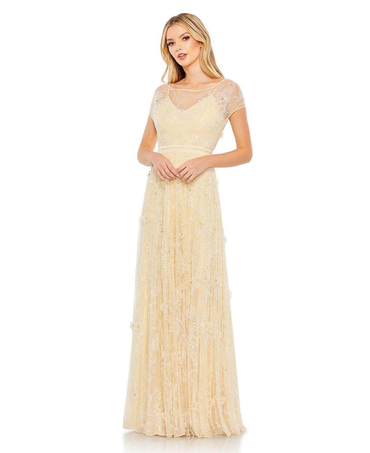 Женское украшенное иллюзорное платье с короткими рукавами MAC DUGGAL buttercup flower veiner