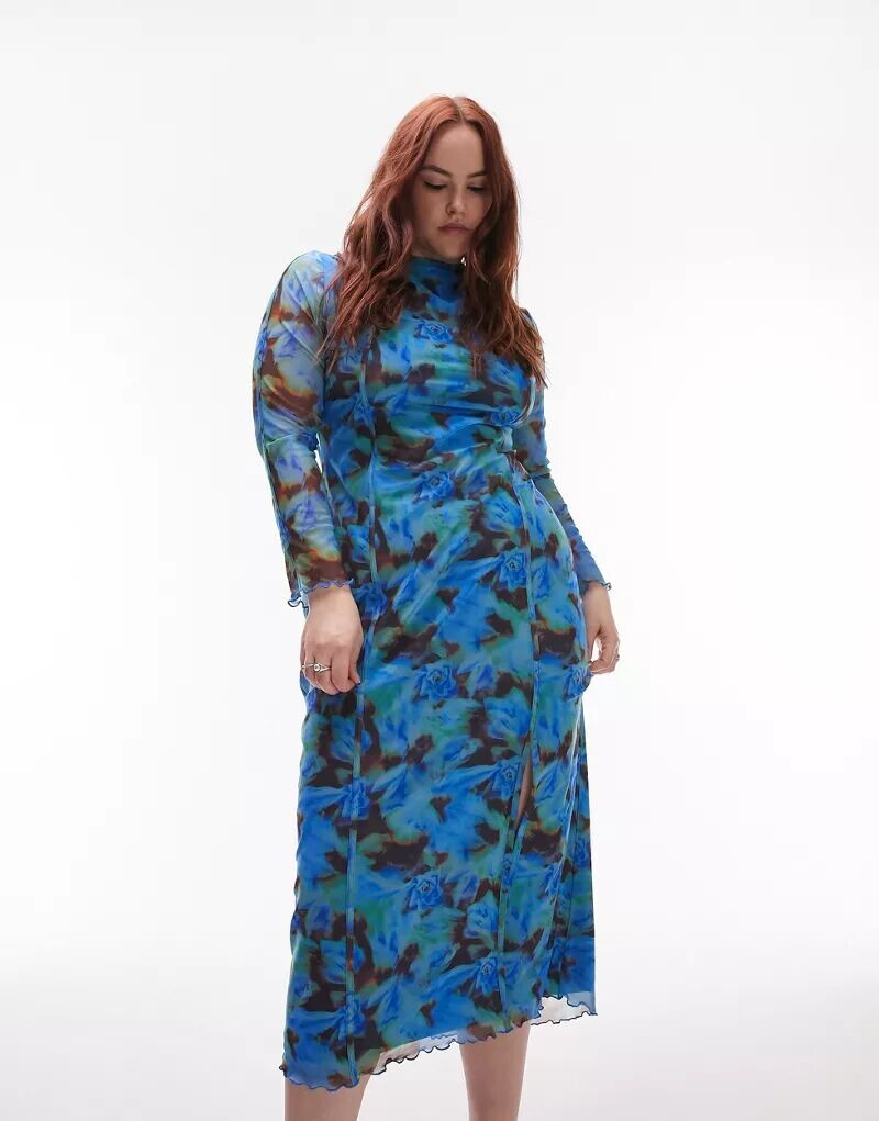 

Синее платье миди из сетки с цветочным принтом Topshop Curve