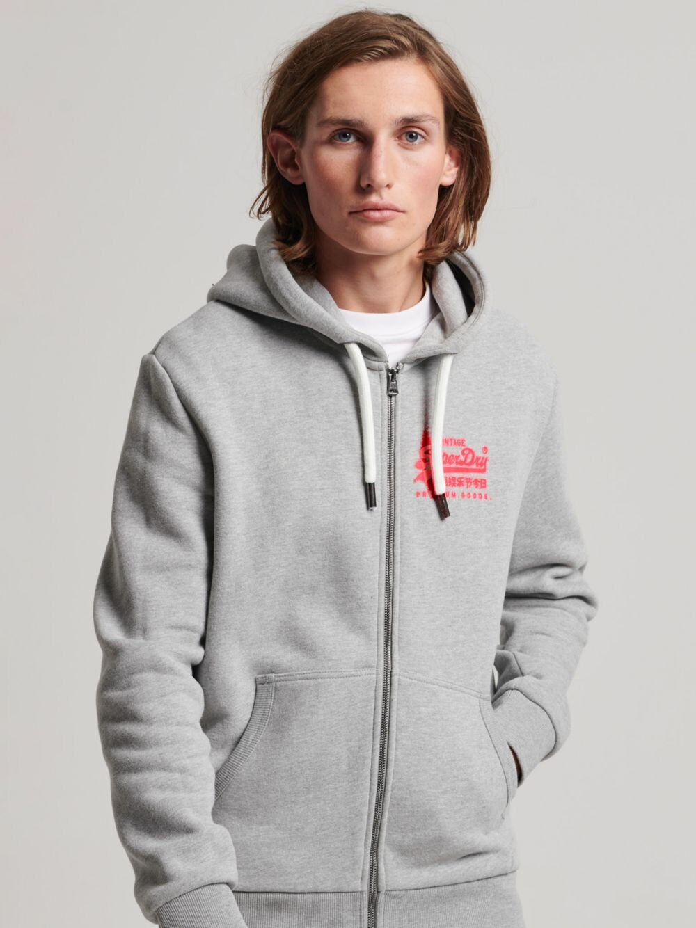 

Толстовка на молнии с неоновым логотипом Superdry Vintage, серый меланж