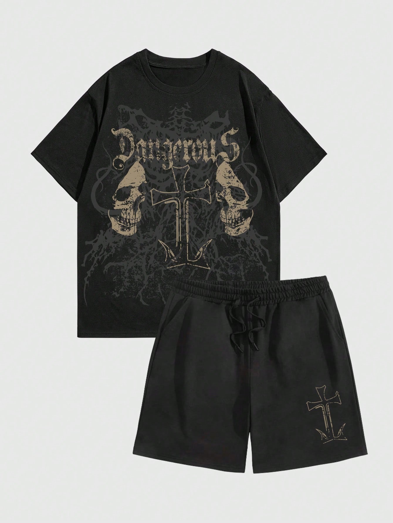 Мужской комплект футболки и шорт с короткими рукавами и принтом черепа ROMWE Goth, черный