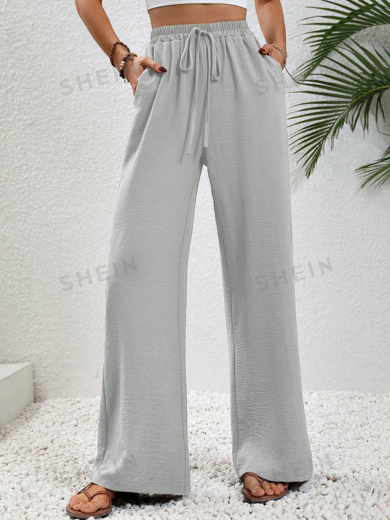 SHEIN LUNE женские однотонные длинные брюки с завышенной талией и завязками на талии и карманами, светло-серый